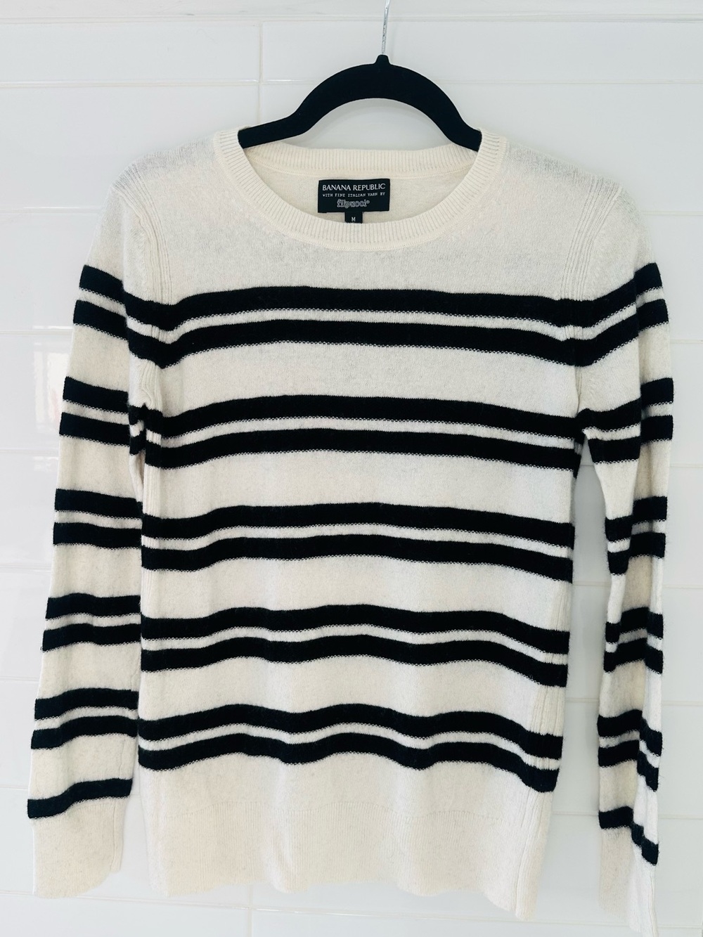 Banana Republic Black & Cream Striped Crewneck Sweater Wool/ Cashmere Italian